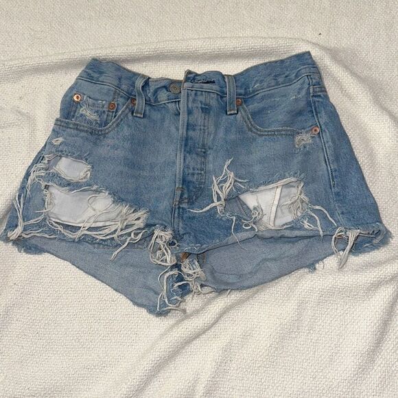 Levi's denim jean destroyed denim light blue mini shorts | Sz W25 - Picture 2 of 7